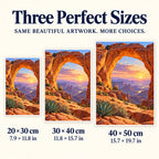 Desert arch dawn diamond painting in 20 by 30, 30 by 40, and 40 by 50 centimeter sizes