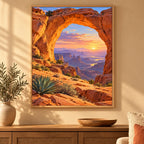 Framed desert arch dawn diamond painting displayed in a home interior