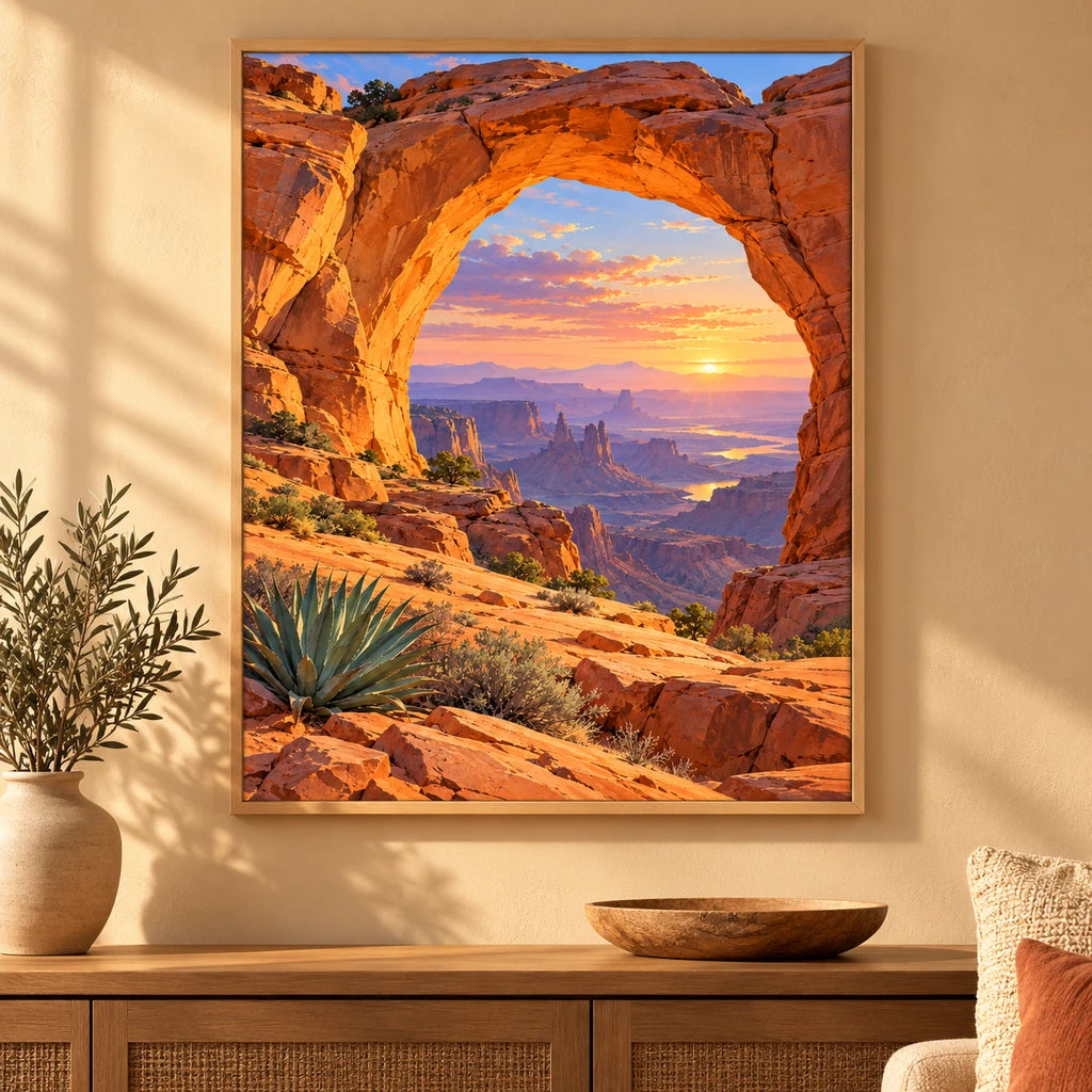 Framed desert arch dawn diamond painting displayed in a home interior