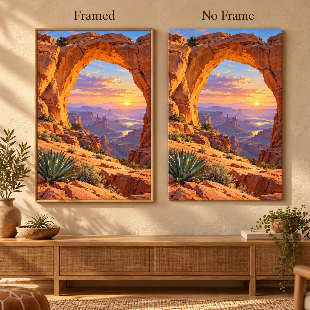 Framed and no-frame options for the desert arch dawn diamond painting