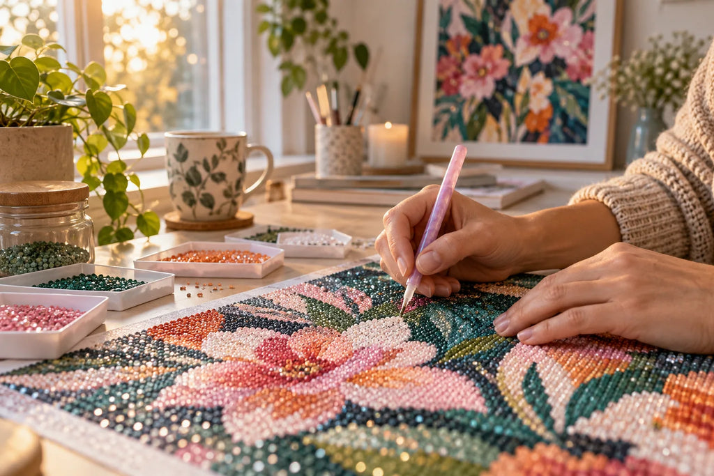 Hands placing resin diamonds on a floral craft canvas
