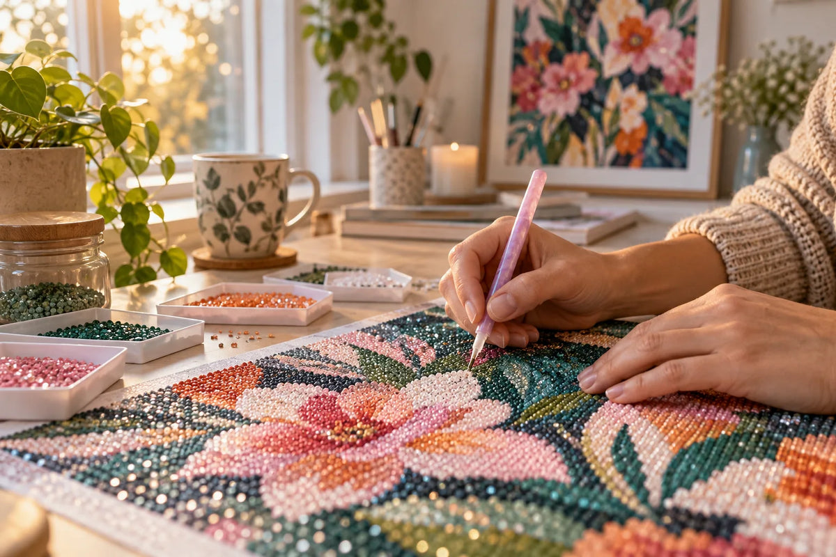 Hands placing resin diamonds on a floral craft canvas