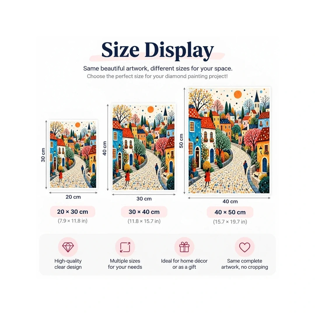 Diamond painting size guide showing 20 × 30 cm, 30 × 40 cm, and 40 × 50 cm options