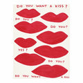 Original artwork showing playful red lip motifs with a kiss message.