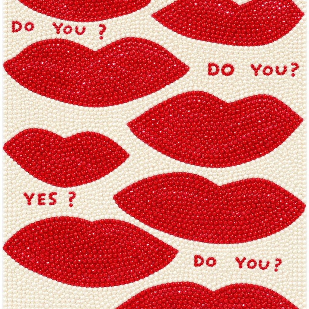 Finished diamond painting of playful red lip motifs with a kiss message.