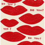Finished diamond painting of playful red lip motifs with a kiss message.