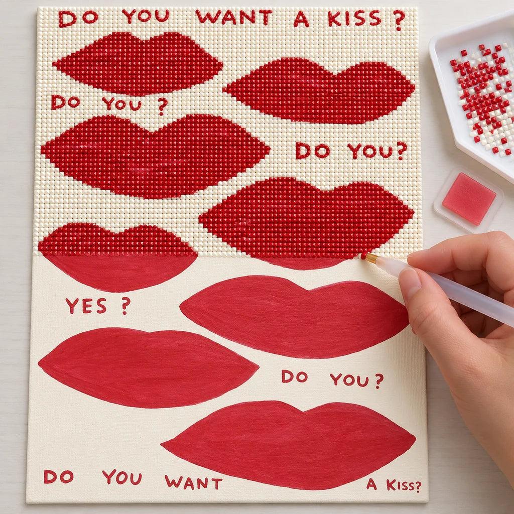 Diamond painting process for playful red lip motifs with a kiss message.