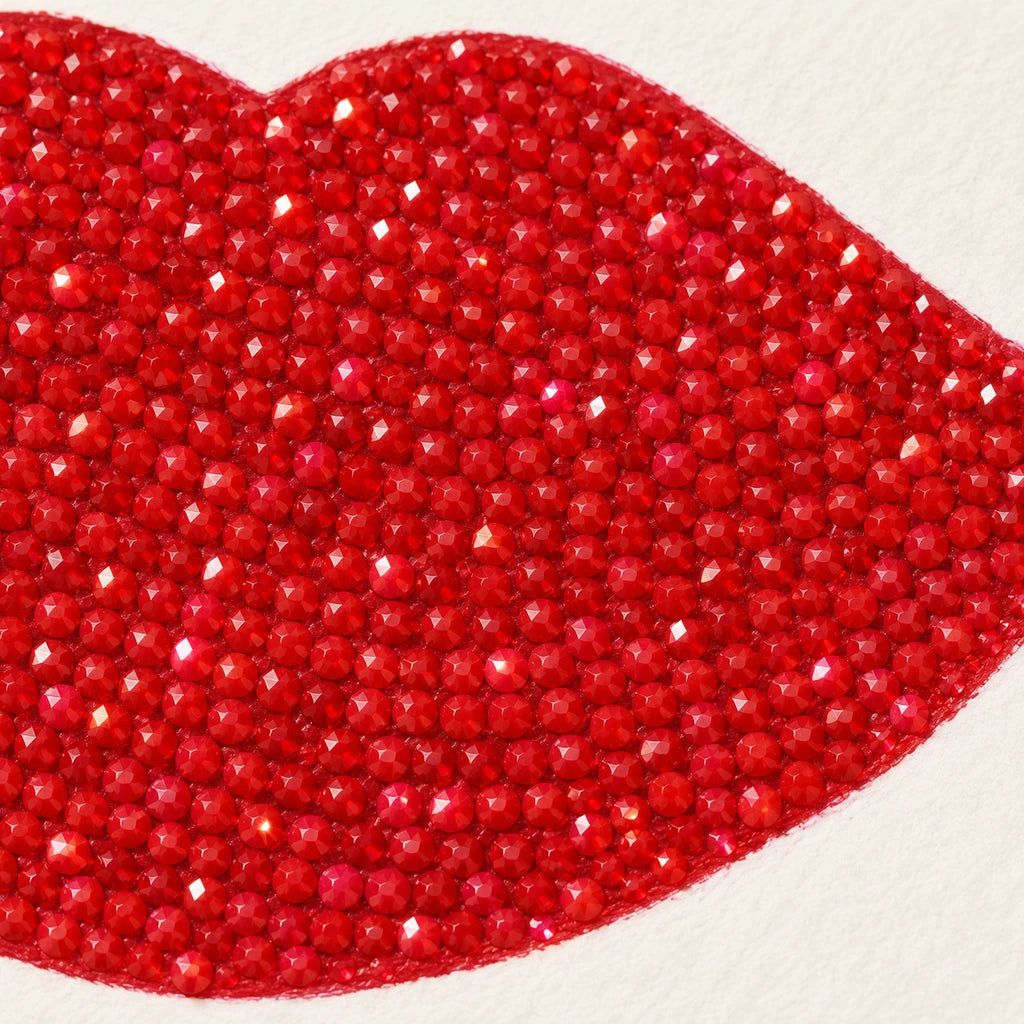 Close-up of diamond drill details in playful red lip motifs with a kiss message.