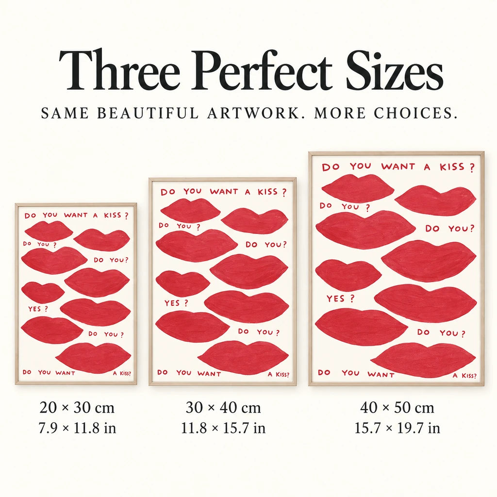 Size guide for Do You Want a Kiss Diamond Painting Kit: 20 × 30 cm, 30 × 40 cm, and 40 × 50 cm.