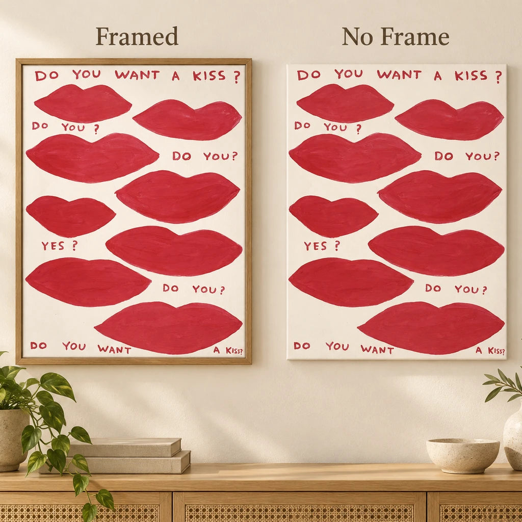 Framed and no-frame comparison for Do You Want a Kiss Diamond Painting Kit.