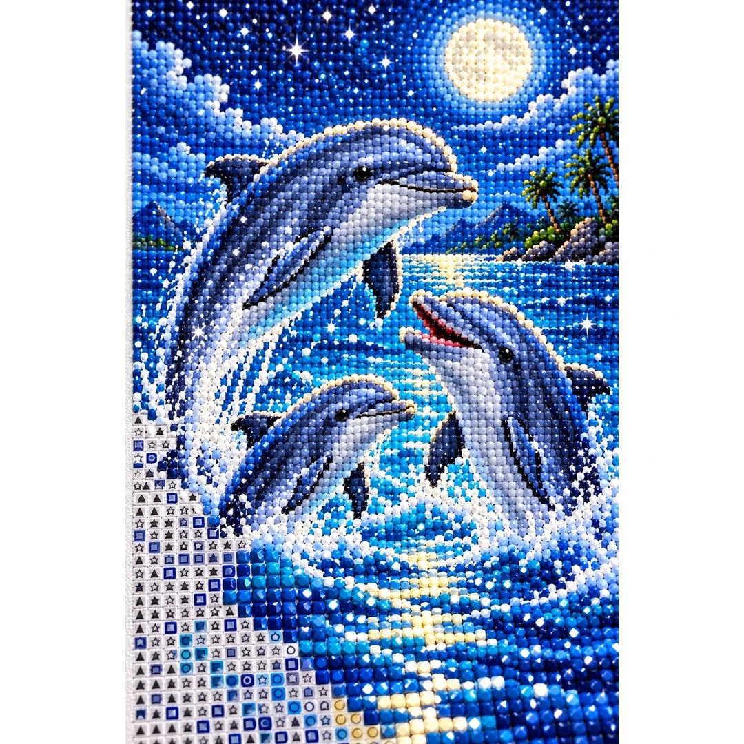 Dolphin Family Moonlit Ocean Diamond Painting Kit — canvas and drill material detail