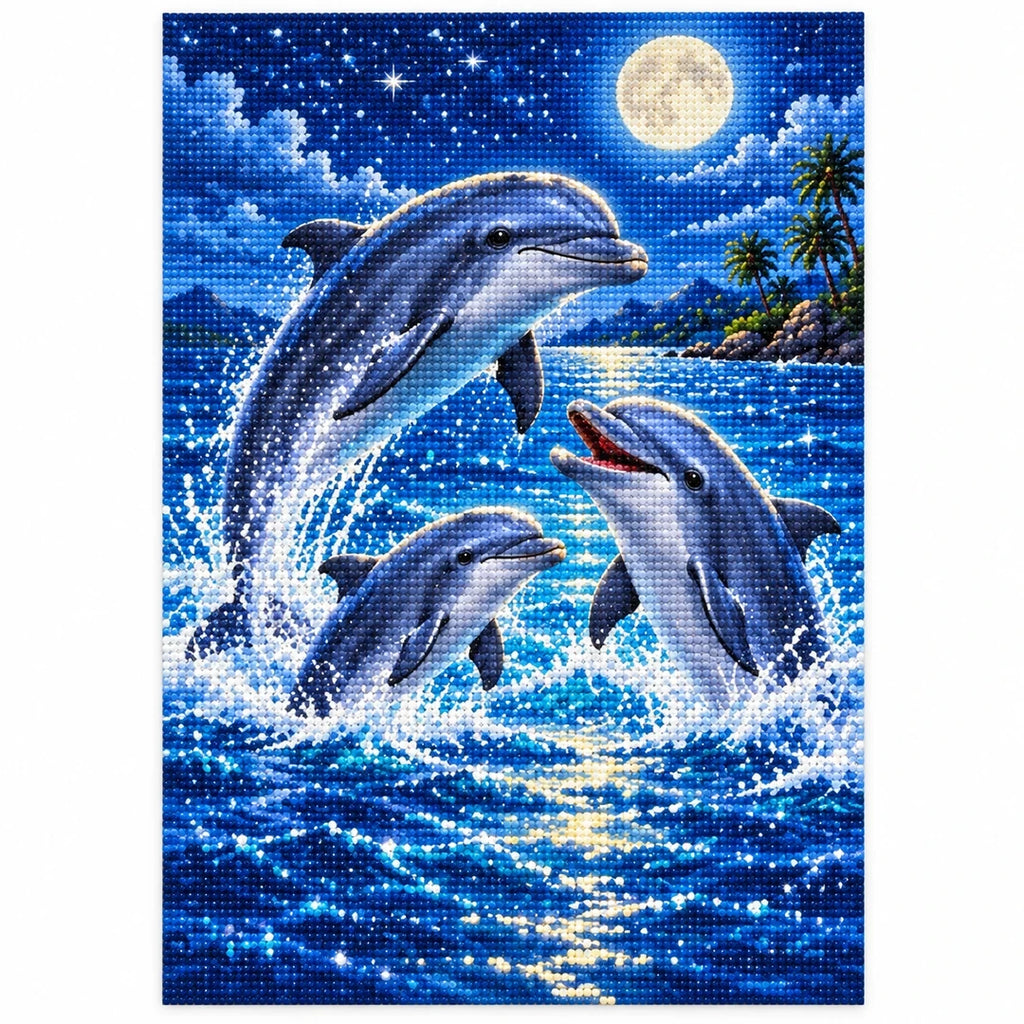 Dolphin Family Moonlit Ocean Diamond Painting Kit — finished diamond painting on white background