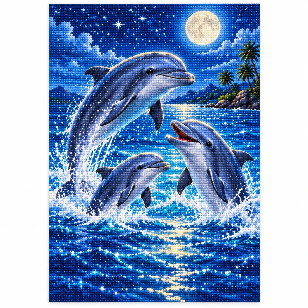 Dolphin Family Moonlit Ocean Diamond Painting Kit — finished diamond painting on white background