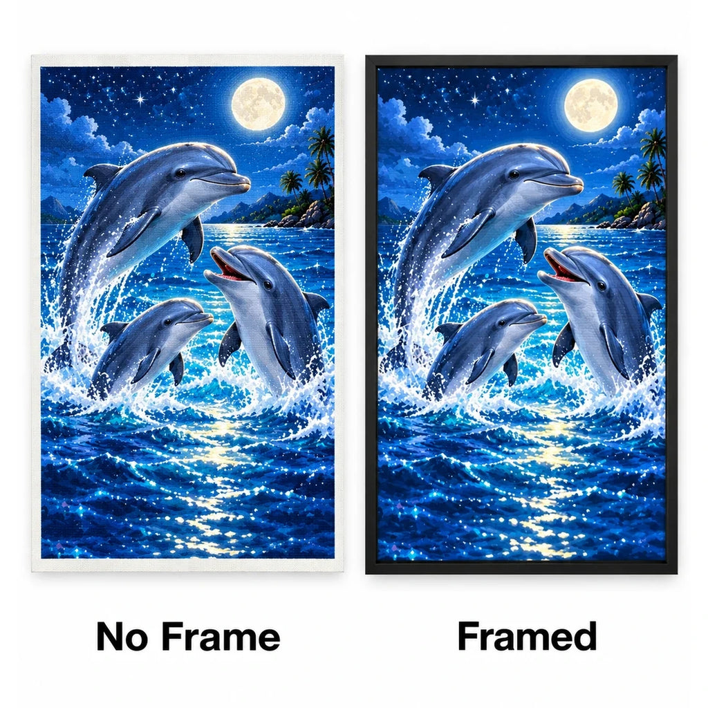 Dolphin Family Moonlit Ocean Diamond Painting Kit — No Frame and Framed style comparison