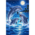Dolphin Family Moonlit Ocean Diamond Painting Kit — original white-background artwork