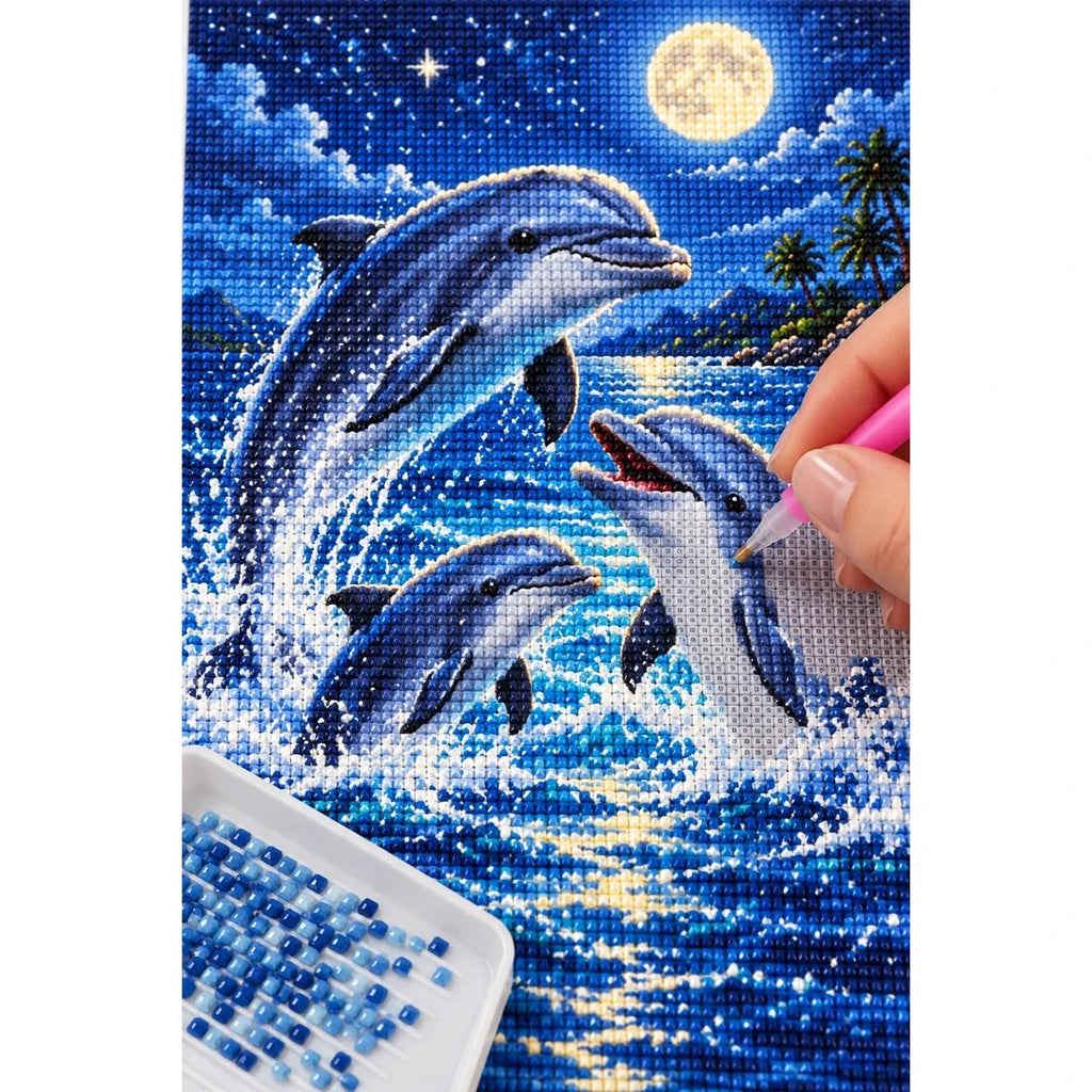 Dolphin Family Moonlit Ocean Diamond Painting Kit — diamond painting application process