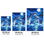 Dolphin Family Moonlit Ocean Diamond Painting Kit — 20 by 30, 30 by 40, and 40 by 50 centimeter size guide
