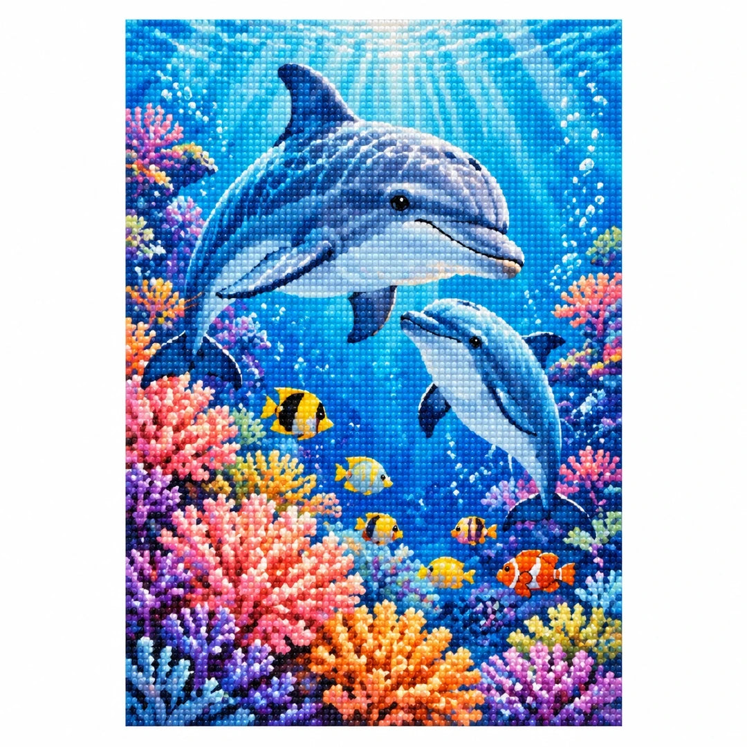 Dolphins Coral Reef Diamond Painting Kit finished diamond artwork on white background