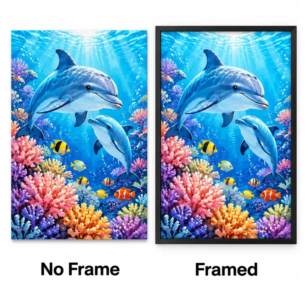 Dolphins Coral Reef Diamond Painting Kit No Frame and Framed comparison