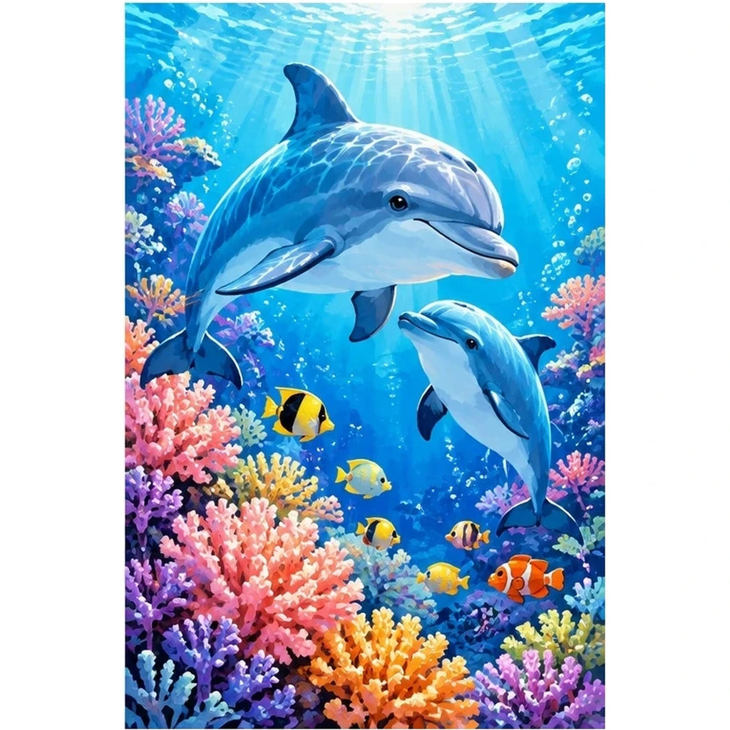Dolphins Coral Reef original artwork on white background