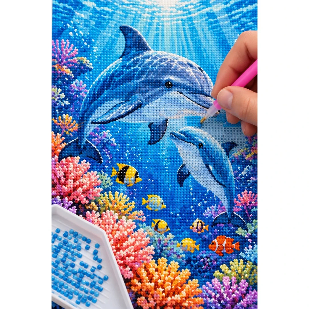 Dolphins Coral Reef Diamond Painting Kit diamond placement process
