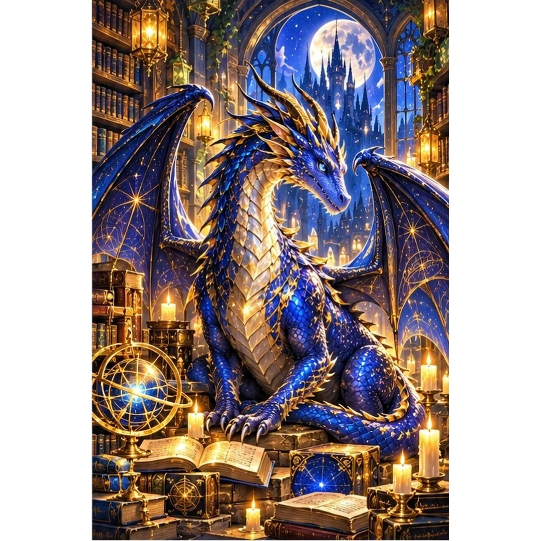 Dragon Guardian Enchanted Library — original artwork on a clean white background
