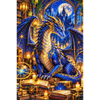 Dragon Guardian Enchanted Library — finished diamond painting on a white background