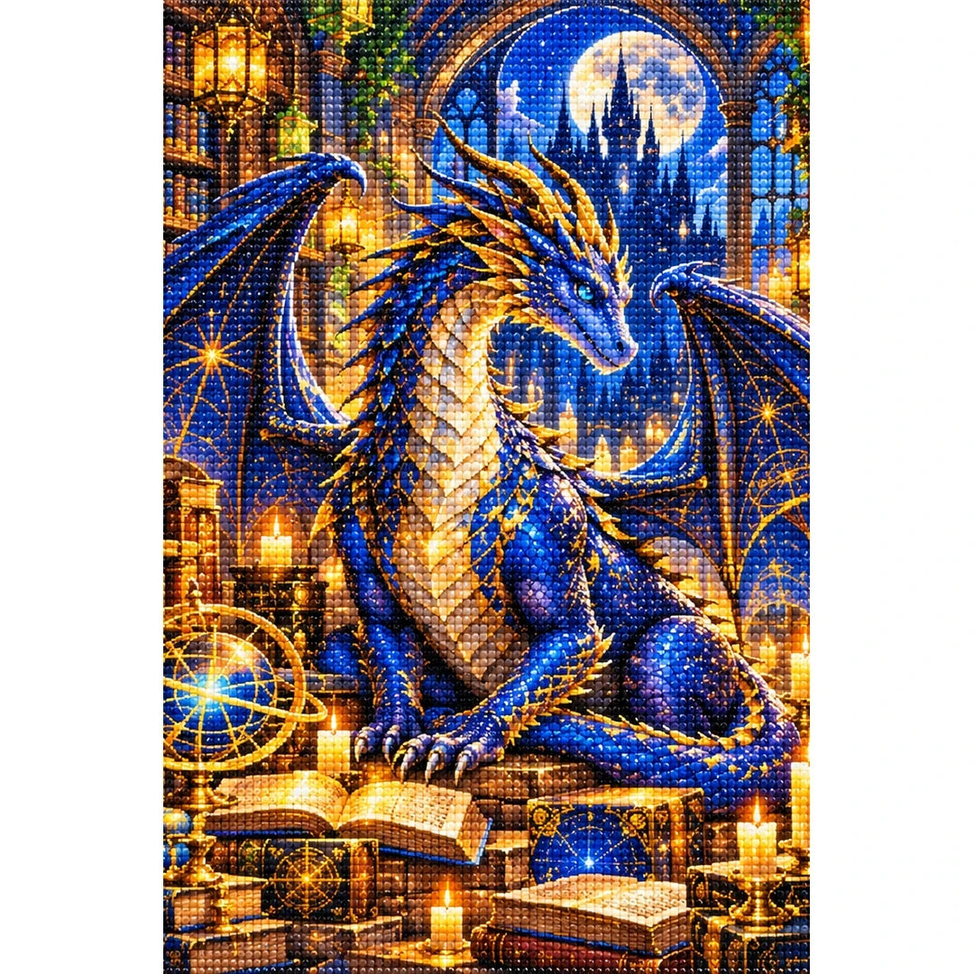Dragon Guardian Enchanted Library — finished diamond painting on a white background