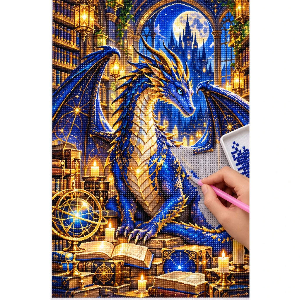 Dragon Guardian Enchanted Library — diamond painting process with applicator pen