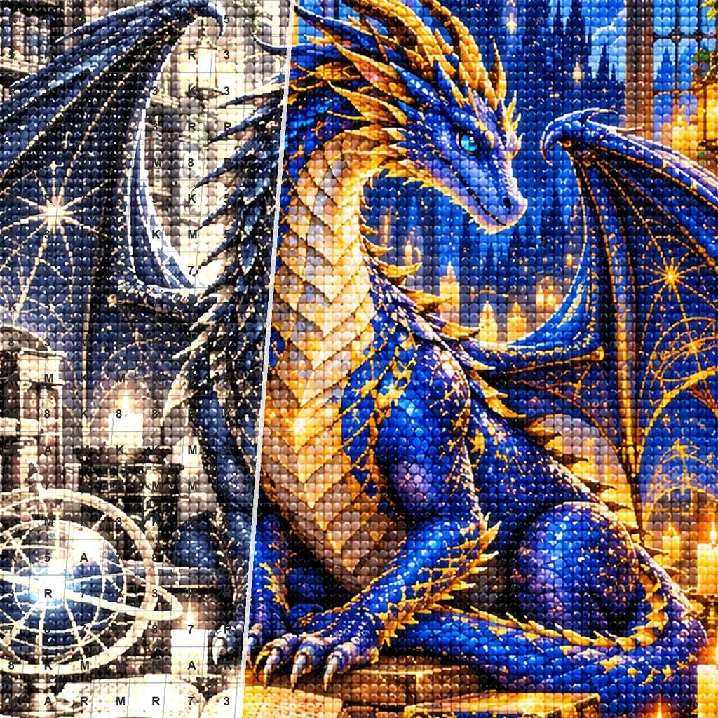Dragon Guardian Enchanted Library — close-up canvas and resin drill detail