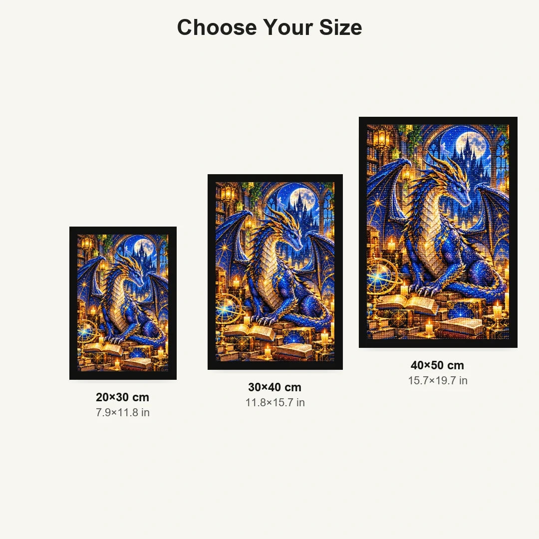 Dragon Guardian Enchanted Library — size comparison for 20 × 30, 30 × 40 and 40 × 50 cm