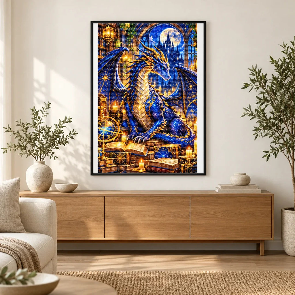 Dragon Guardian Enchanted Library — finished diamond painting displayed in a home interior