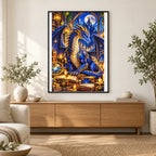 Dragon Guardian Enchanted Library — finished diamond painting displayed in a home interior