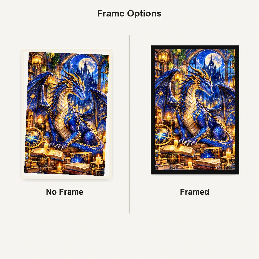 Dragon Guardian Enchanted Library — No Frame and Framed style comparison