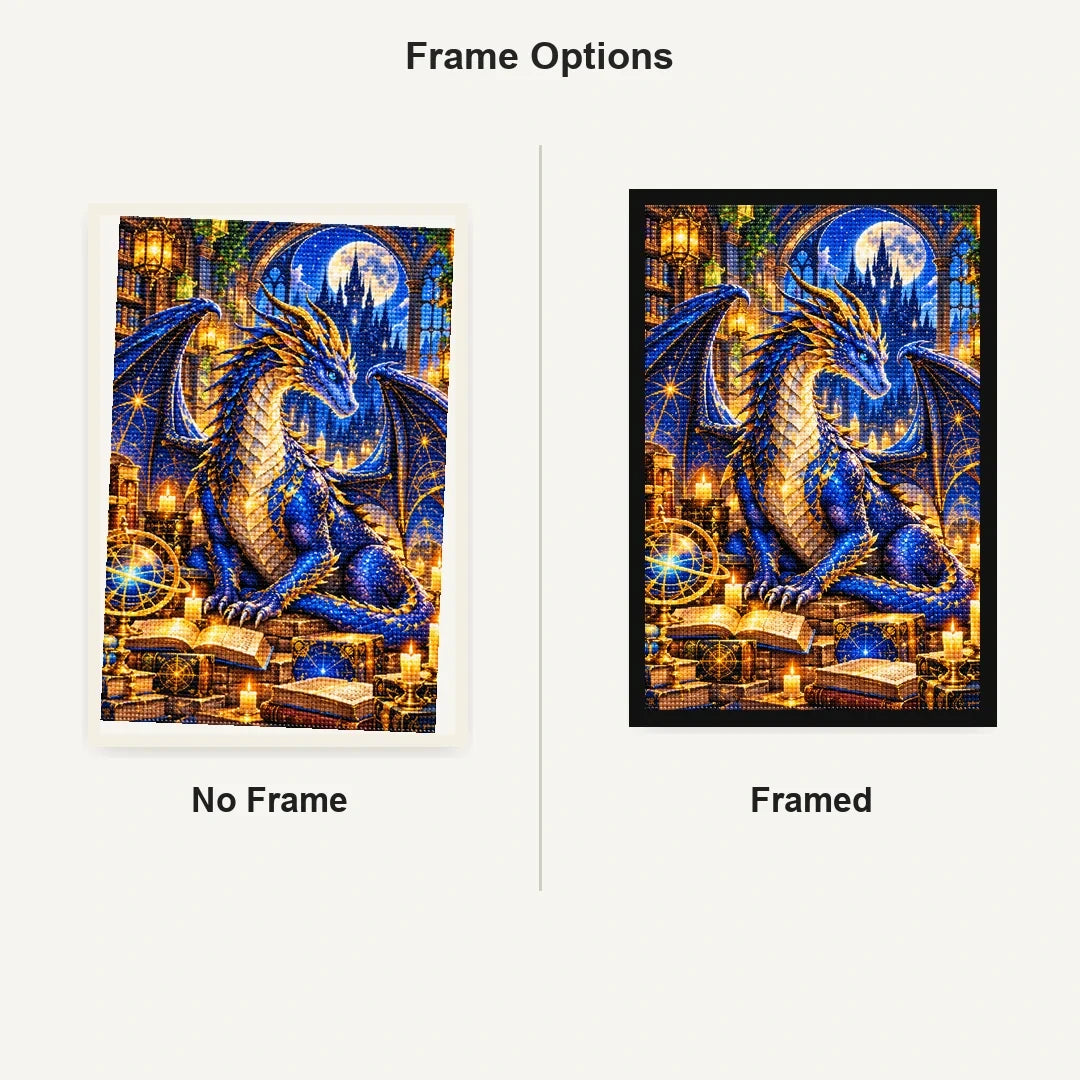 Dragon Guardian Enchanted Library — No Frame and Framed style comparison