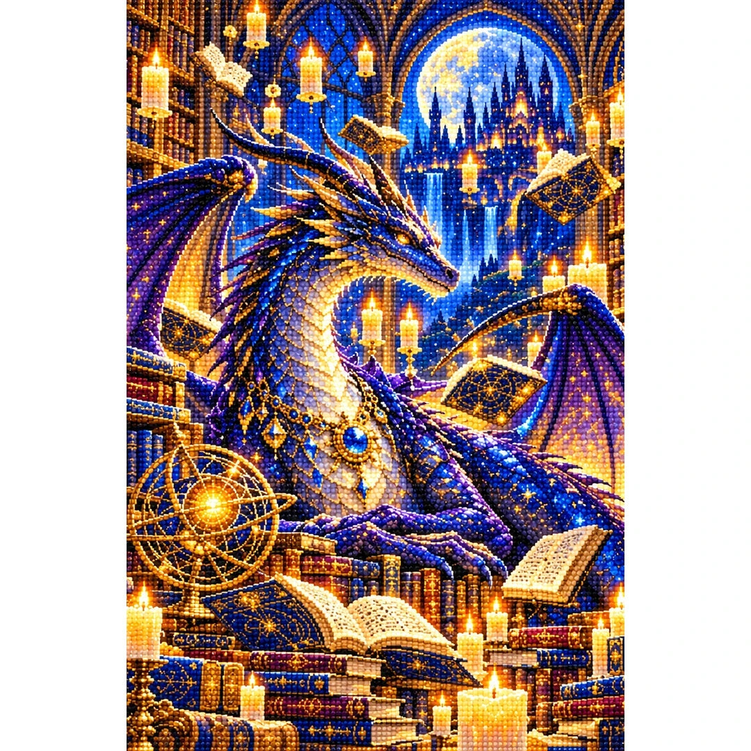 Dragon Library Floating Candles finished diamond painting on white