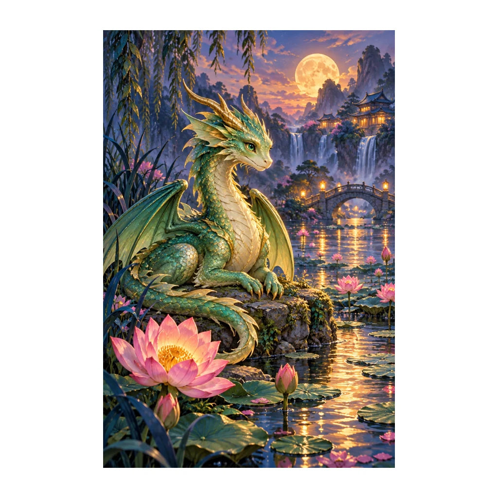 White-background original artwork of a green dragon beside pink lotuses at a moonlit pond