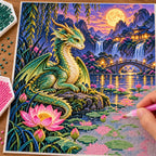 Hands applying drills to the dragon and lotus pond diamond painting