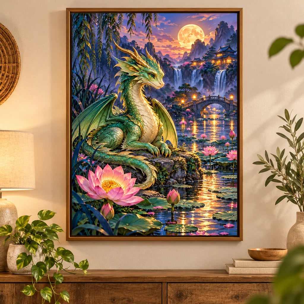 Dragon and lotus pond diamond painting displayed in a home