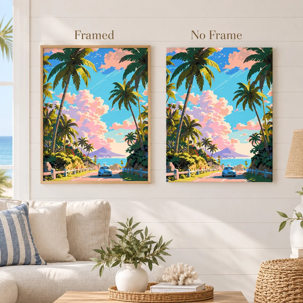 Framed and no-frame comparison for Drive To Ocean Vista Diamond Painting Kit