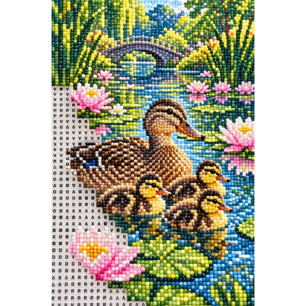 Duck Family Water Lilies Diamond Painting Kit diamond and canvas detail