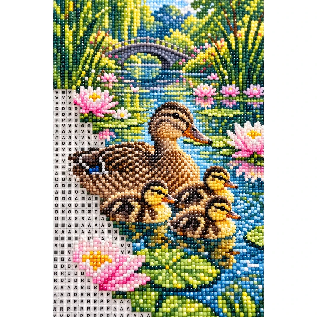 Duck Family Water Lilies Diamond Painting Kit diamond and canvas detail