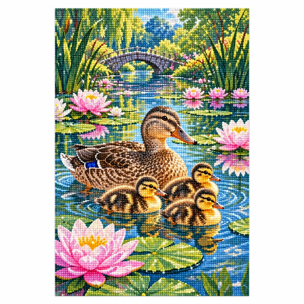 Duck Family Water Lilies Diamond Painting Kit finished diamond artwork on white background