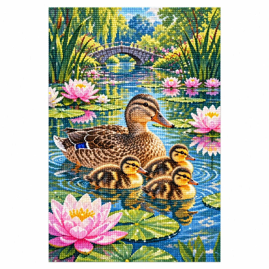 Duck Family Water Lilies Diamond Painting Kit finished diamond artwork on white background