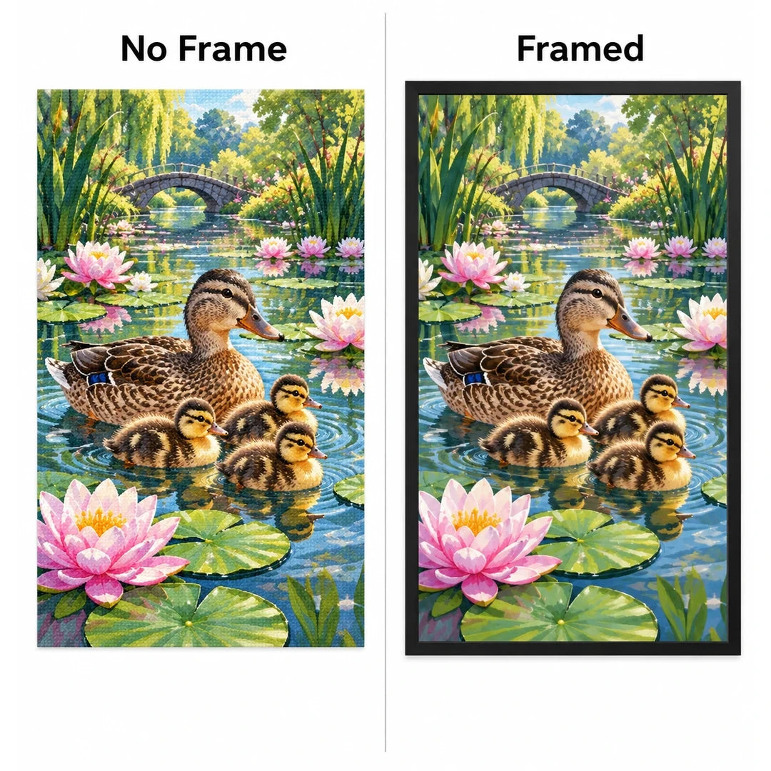 Duck Family Water Lilies Diamond Painting Kit No Frame and Framed comparison