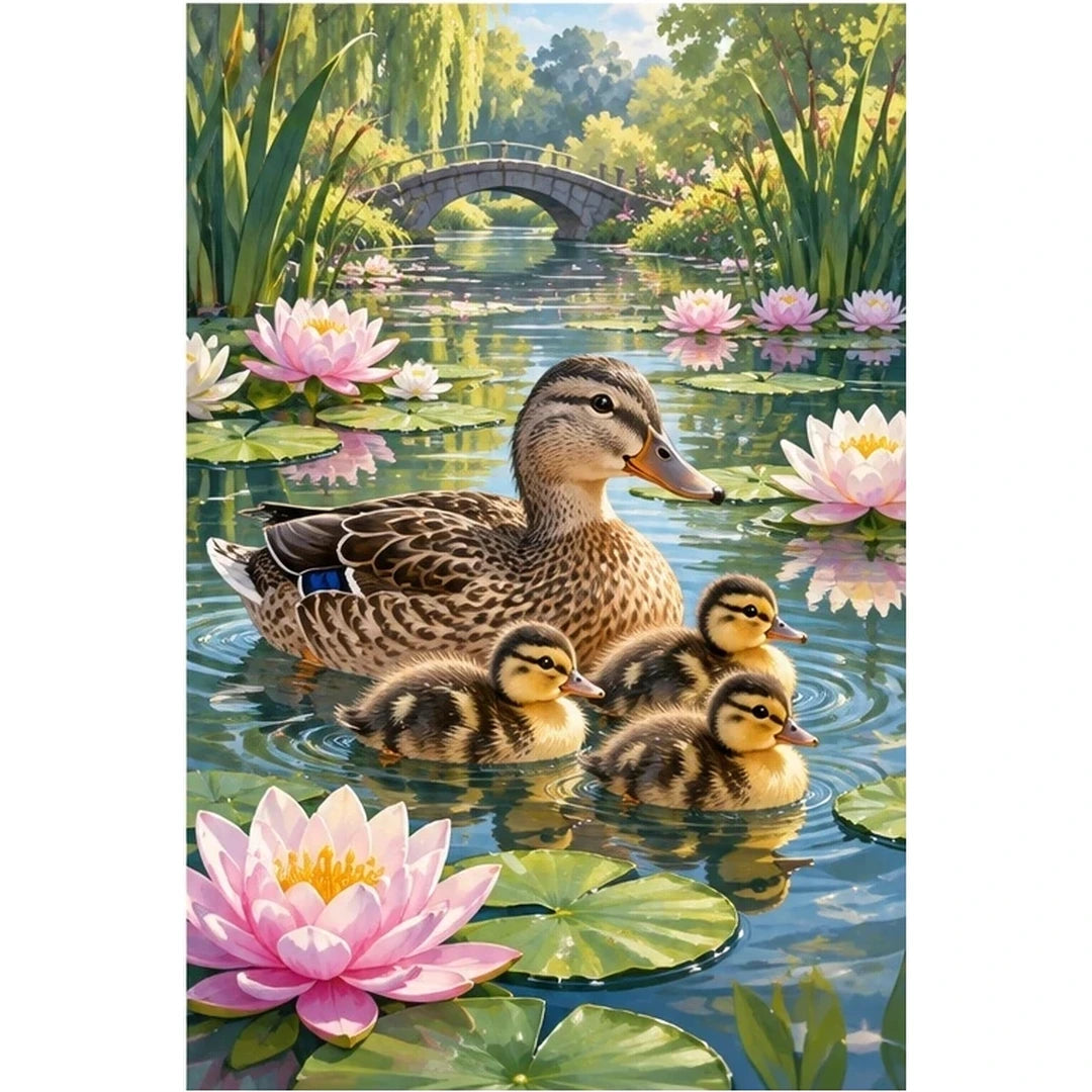 Duck Family Water Lilies original artwork on white background
