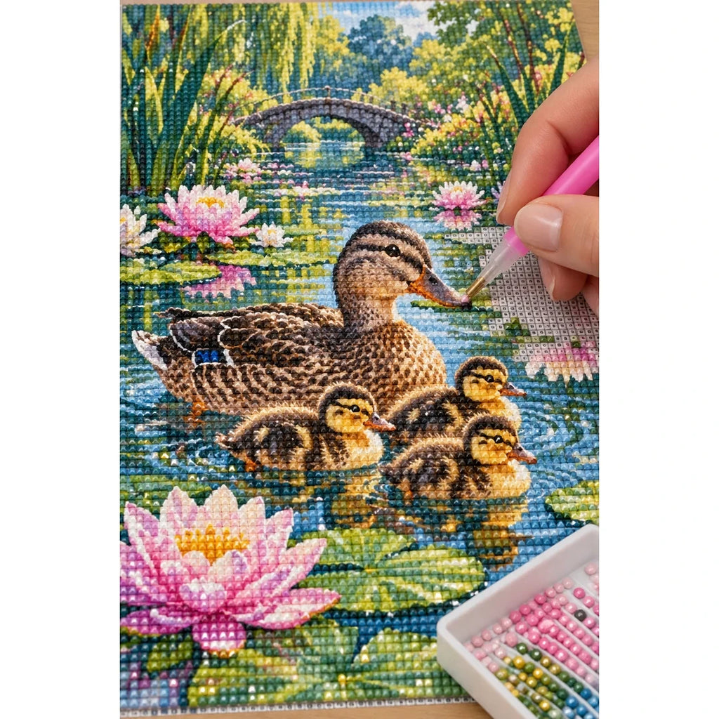 Duck Family Water Lilies Diamond Painting Kit diamond placement process