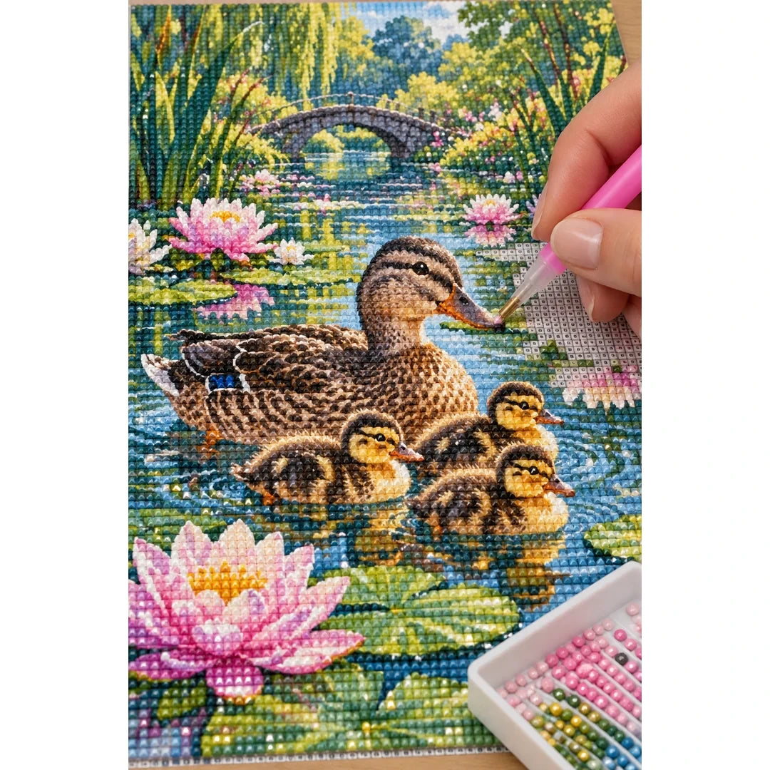 Duck Family Water Lilies Diamond Painting Kit diamond placement process