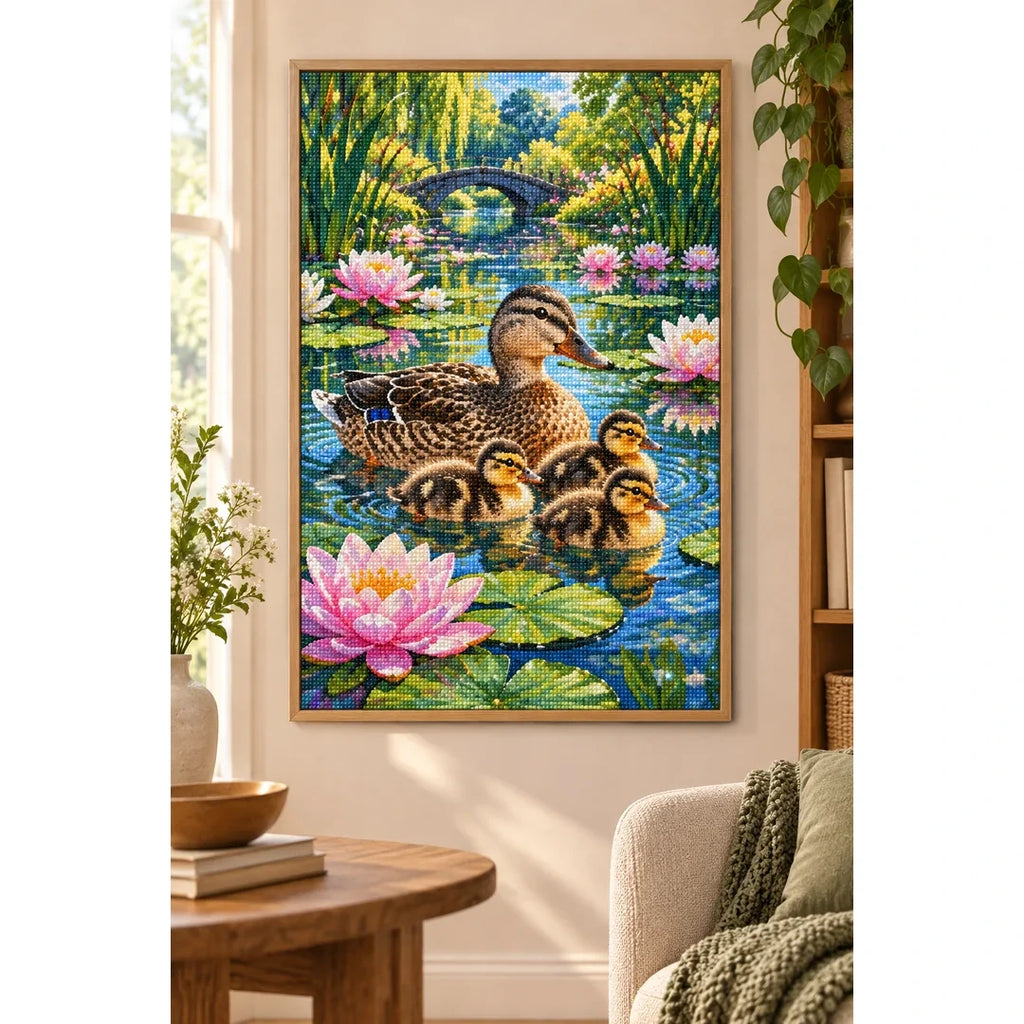 Duck Family Water Lilies Diamond Painting Kit home decor scene