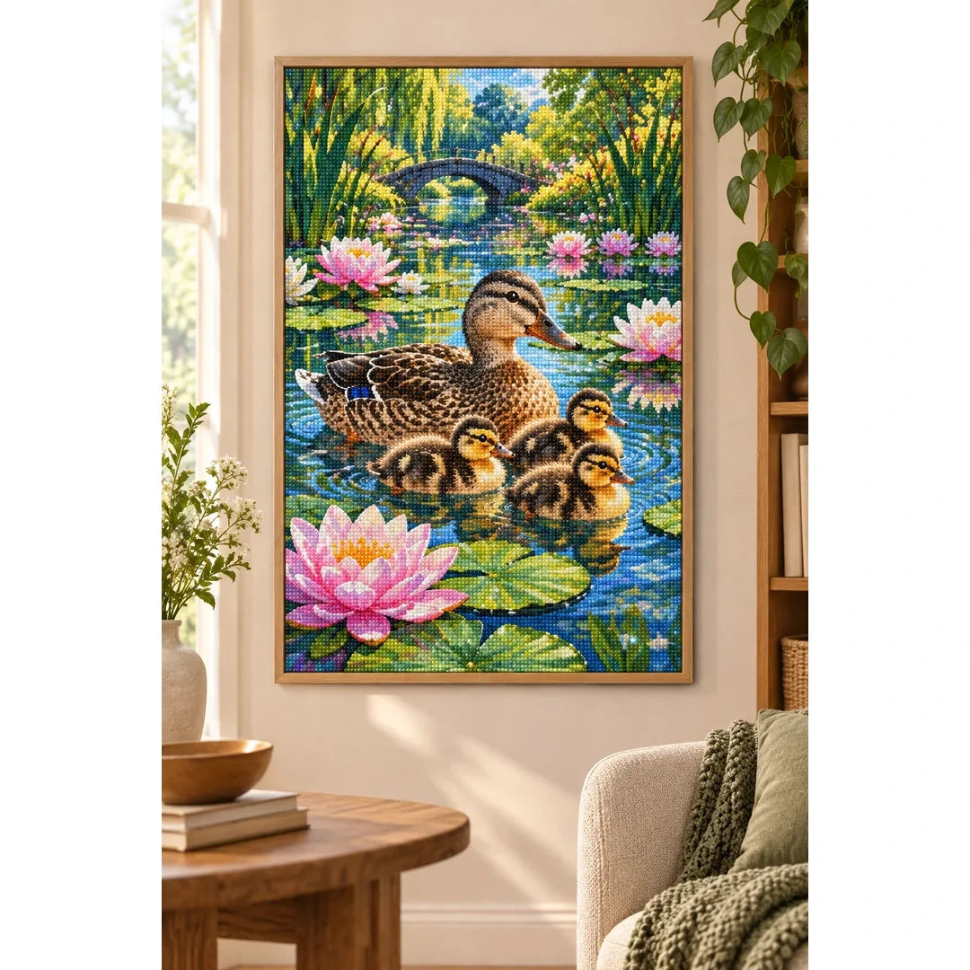 Duck Family Water Lilies Diamond Painting Kit home decor scene